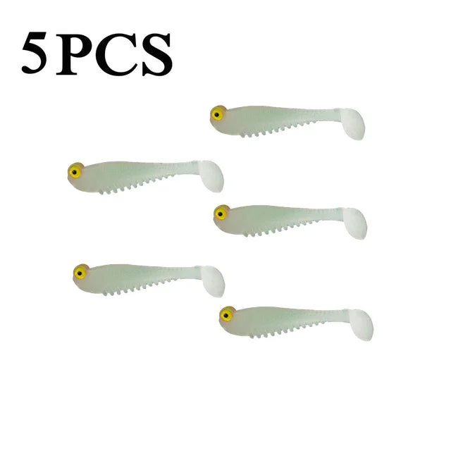 5pcs Fishing Bait Cluster Lure Soft Bait 3D Eyes Head Tail Wobbler Simulation Fishing Bait Sea Bass Fishing Accessories