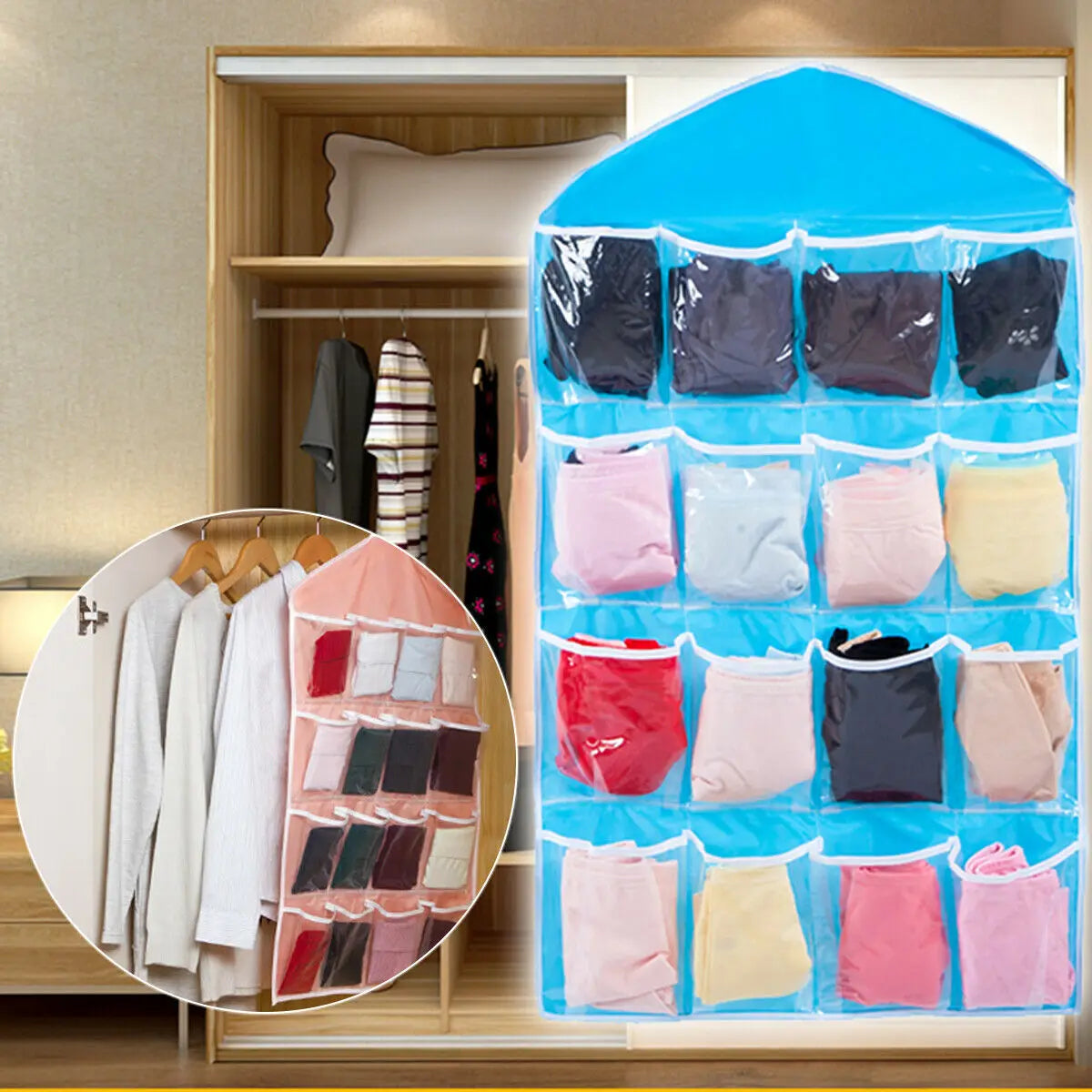 Hot 16 Grid Pockets Clear Hanging Bag Socks Bra Underwear Stationery Rack Hanger Storage Saving Space Tidy Organizer