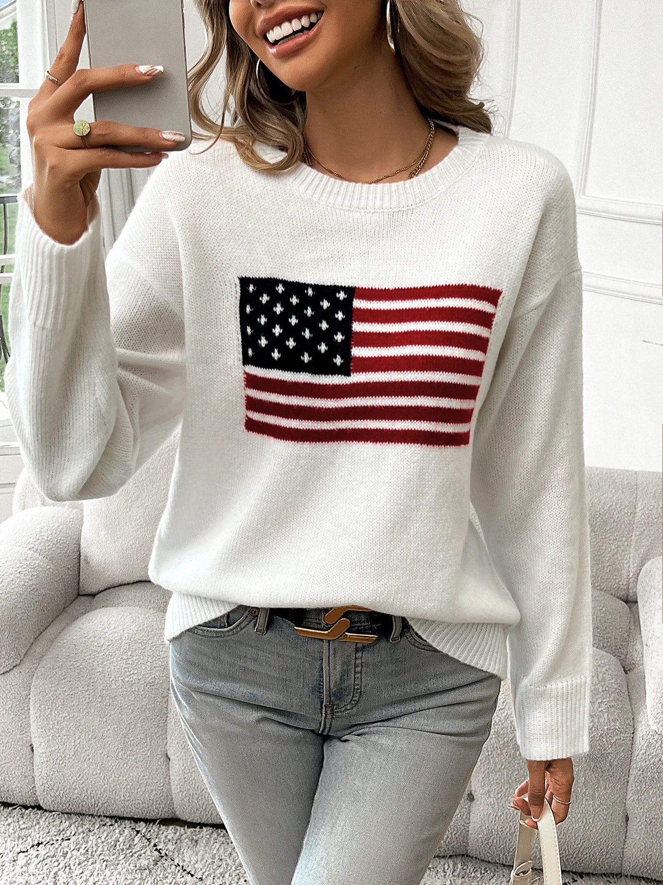 American Flag Crew Neck Long Sleeve Pullover Women's Sweater