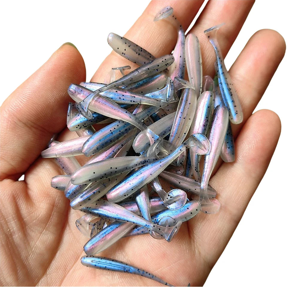 50PCS Micro Soft Fishing Lures 0.35g/35mm T-tail Worm Lure Small Artificial Bait Jig Wobblers Bass Pike Fishing Tackle