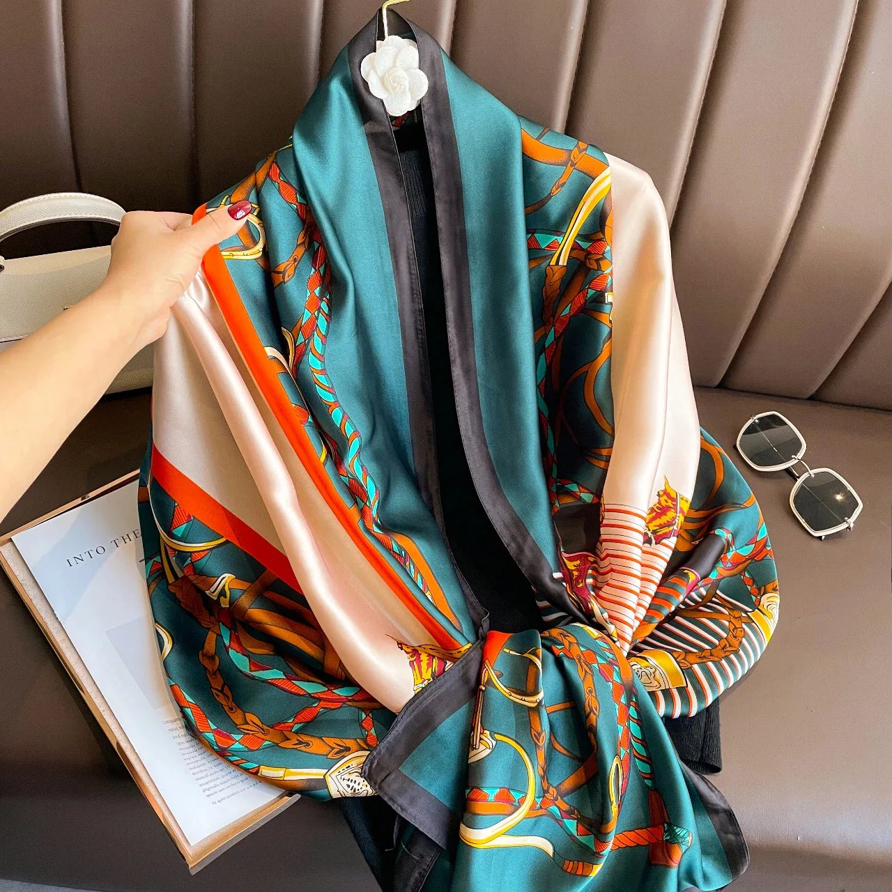 Women Fashion Print Silk Scarf Luxury Brand Warm 180X90CM Scarves Popular Lrage Satin Finish Shawl The Four Seasons Design Hijab