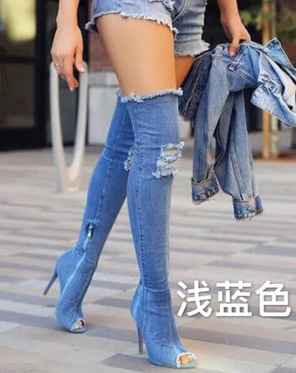 Women High Heels Boots Hollow Out Pointed Toe Over Knee Blue Denim Gladiator Boots Long High Heel Jean Boots Shoes Ladies Shoes