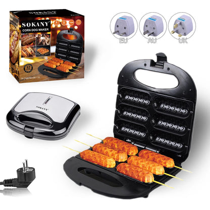 Electric Hot Dog Machine Waffle Maker 6 Corn Dogs Non-Stick Double-sided Heating Sausage Roll Maker Breakfast for Kid Party 220V