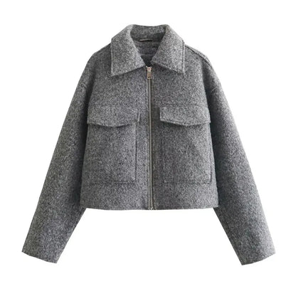 TRAF Autumn Winter Cropped Jacket for Women Short Coat Tweed Jacket Zip Crop Demi-season Jacket Woman New in outerwears