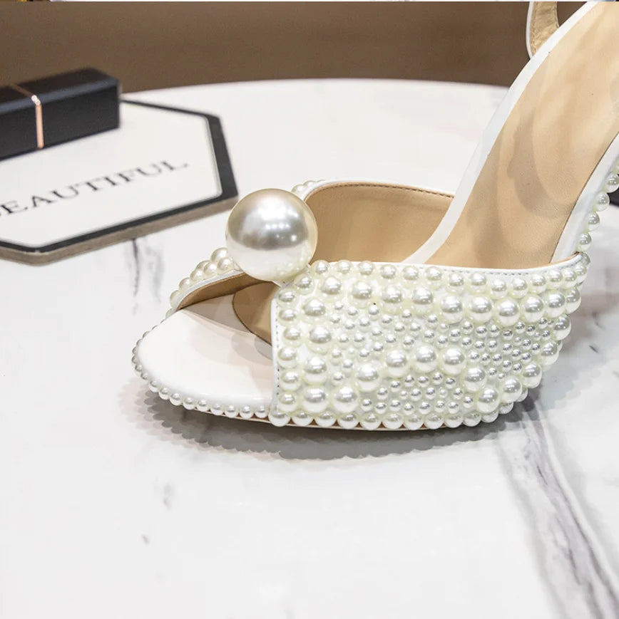 Summer sweet beige pearl hollow fish mouth fine high-heeled bridal wedding shoes large size banquet dress female sandals