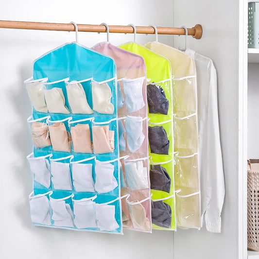 Hot 16 Grid Pockets Clear Hanging Bag Socks Bra Underwear Stationery Rack Hanger Storage Saving Space Tidy Organizer