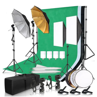 Photography Photo Studio Softbox Lighting Kit With 2.6x3M Background Frame 3pcs Backdrops Tripod Stand Reflector Board 4Umbrella