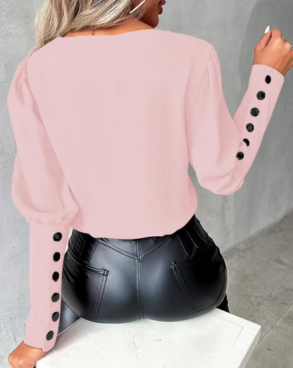 Elegant Women's Shirt Autumn 2024 New Fashion V-neck Pullover Solid Color Contrasting Loose Long Sleeved Button Women's Shirt