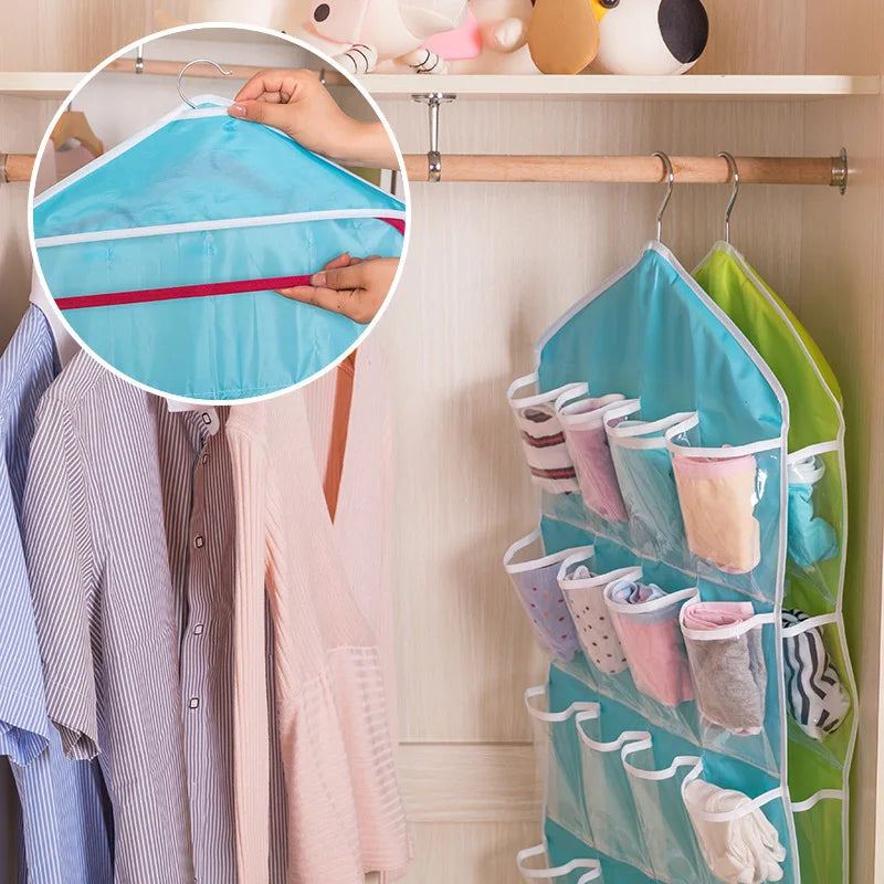 Hot 16 Grid Pockets Clear Hanging Bag Socks Bra Underwear Stationery Rack Hanger Storage Saving Space Tidy Organizer