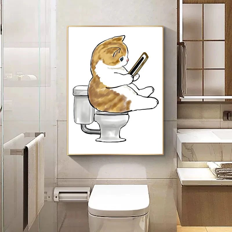 Toilet Cat Playing Mobile Phone Paper Poster Simple Pet Prints Canvas Painting Wall Art Pictures Home Bathroom Room Decoration