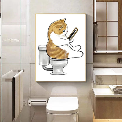 Toilet Cat Playing Mobile Phone Paper Poster Simple Pet Prints Canvas Painting Wall Art Pictures Home Bathroom Room Decoration