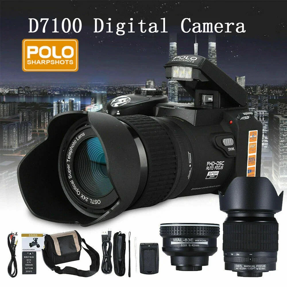 24X Optical Zoom HD Digital Camera POLO D7100 33Million Pixel Auto Focus Professional DSLR Video Camera Three Lens Outdoor