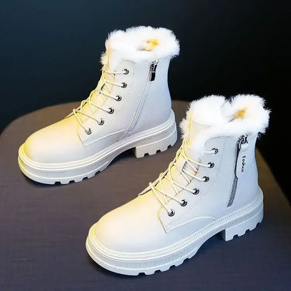 Snow Boots Plush Warm Medium Boots Women's Black and White Winter Thickened Warm Snow Flat Shoes Zapatos Mujer 2024