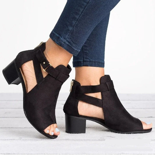 2023Women Sandals  Chunky High Heels Soild Gladiator Open Peep Toe Women Black Shoes Buckle Back Zipper Sandalias De Mujer