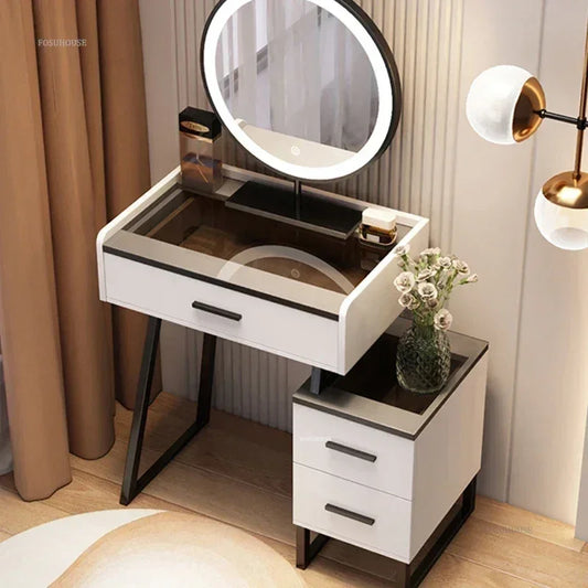 Nordic Solid Wood Dressers Home Dressing Table Light Luxury Small Apartment Vanity Storage Cabinet Integrated Glass Makeup Table