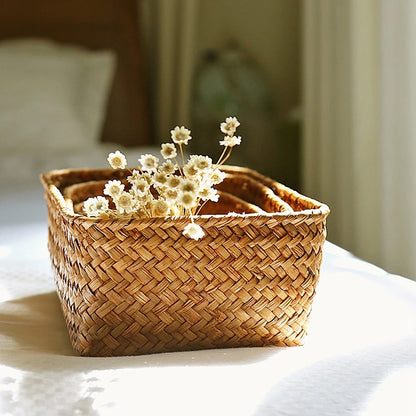 Flower Storage Baskets Seagrass Rattan Basket Woven Straw Storage Box Container Sundries Organizer Snack Store Storage Baskets