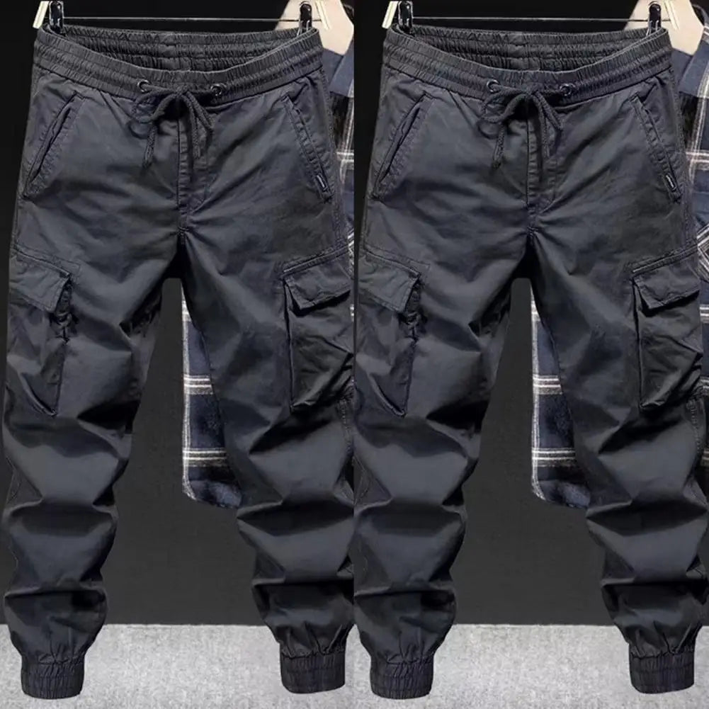 Loose Pants Men's Drawstring Cargo Pants with Elastic Waist Multi Pockets Soft Breathable Streetwear Trousers for Daily Sports