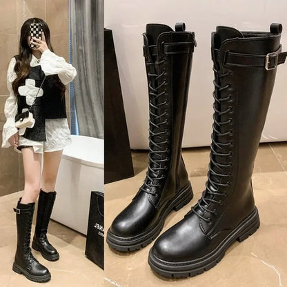 Women Combat Boots Antumn 2023 Female High Platform Gothic Shoes Black Leather Boots Lace Up Women Knee High Boots Women Boots