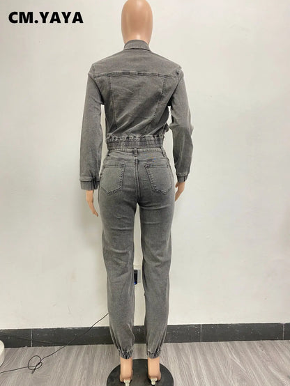 CM.YAYA Fashion Denim Women's Set Pocket Front Jacket and Pocket Cargo Jeans Pants 2024 Street Two 2 Piece Sets Outfit Tracksuit