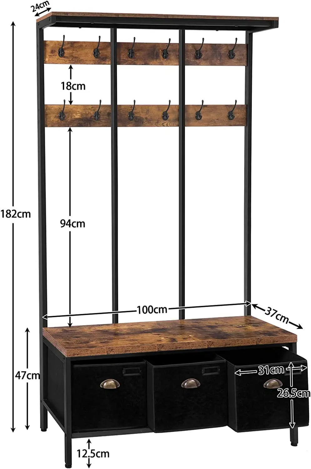 HOOBRO Coat Rack With 12 Hooks Hall Tree With Bench And Shoe Storage Entryway Bench With 3 Storage Boxes For Hallway Living Room