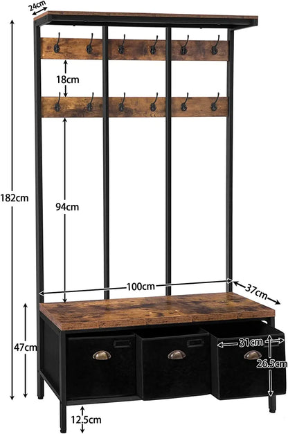 HOOBRO Coat Rack With 12 Hooks Hall Tree With Bench And Shoe Storage Entryway Bench With 3 Storage Boxes For Hallway Living Room