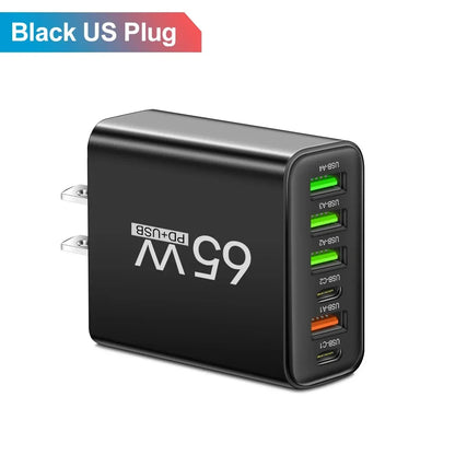 Total 65W USB C Charger Muti 6 Ports Fast Charging QC3.0 Type C Mobile Phone Wall Adapter for iPhone 15 Pro Max Xiaomi Samsung