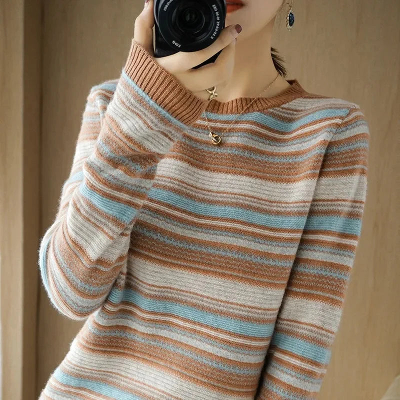 Autumn Winter Ladies Round Neck Pullover Knitwear Women Loose Fit Stripe Knit Coat Korean Female Large Size 4XL Rainbow Sweater