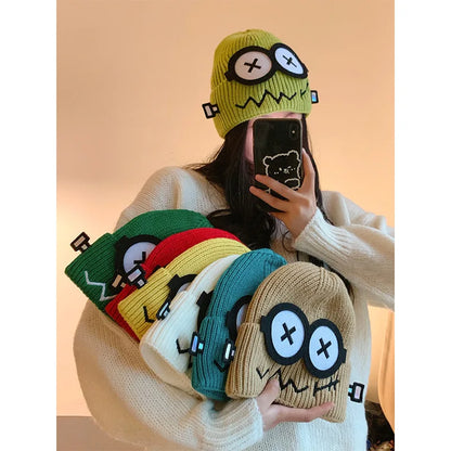 Kpop Cute Cartoon Cuff Beanie Cap Women's Candy Color Big Eyes Smile Skullies Hat Fashion Streetwear Student Warm Winter Knitted