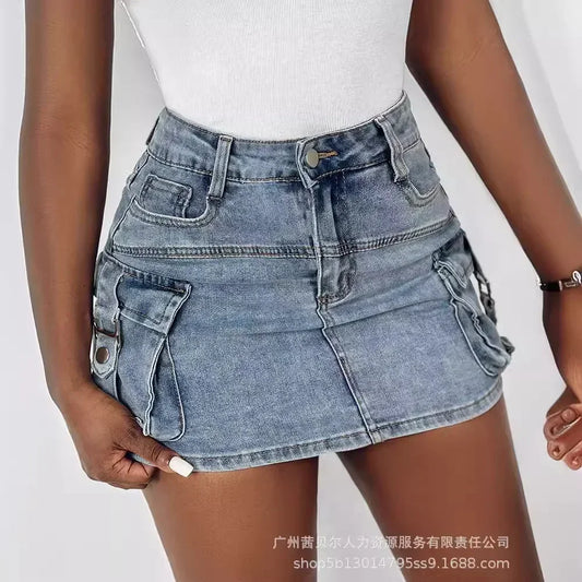 Denim Skirt Women Short Jeans Y2k Cargo Skirt Hip Wrap Elegant Splice Skirts Casual Pocket Button Streetwear Sexy Summer 2024