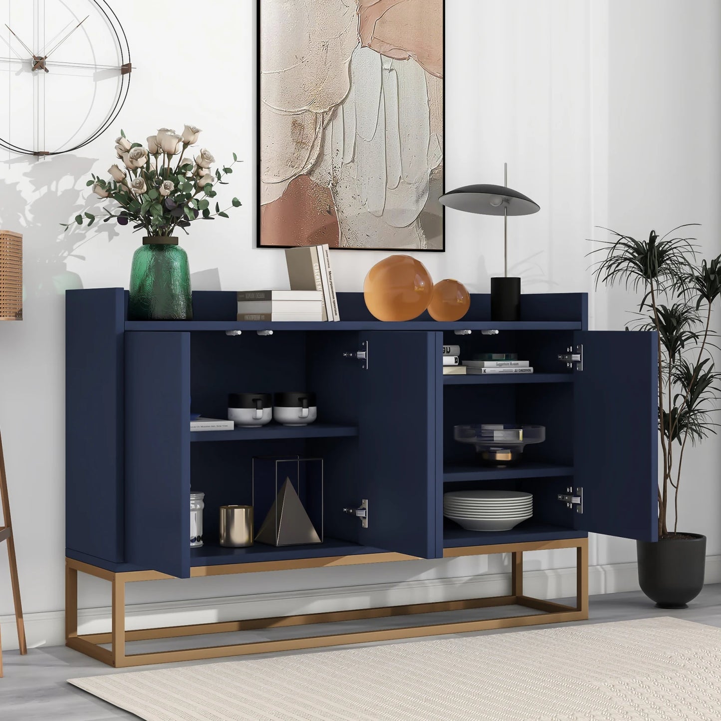 Modern minimalist style sideboard 4-door handleless buffet cabinet for dining room, living room, kitchen (navy blue)