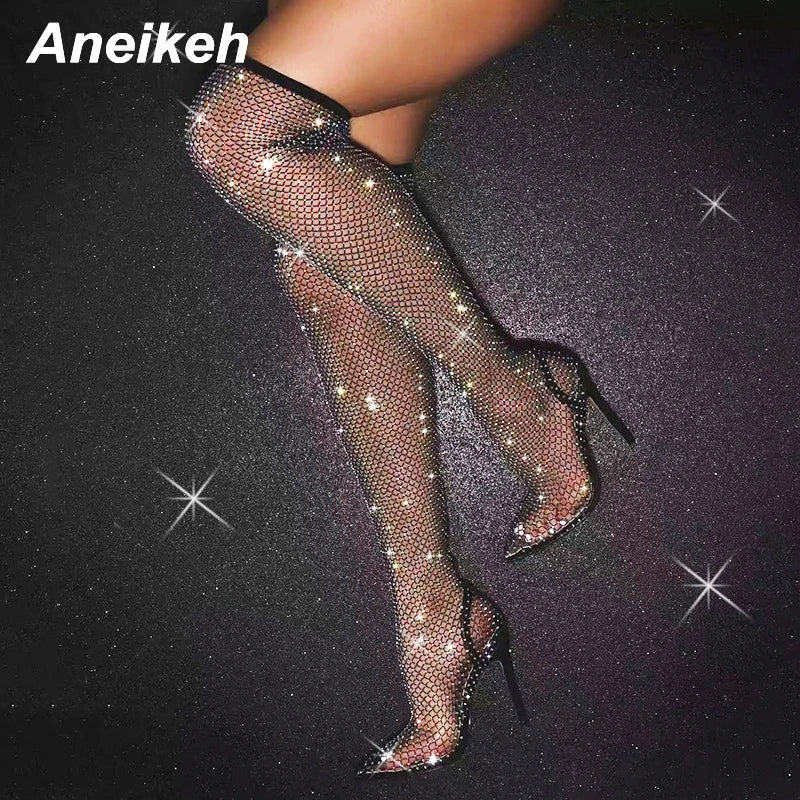 Aneikeh Sexy Bling Rhinestone Mesh Shoes Over The Knee Boots Women Pointed Toe Sandals Nightclub High Heels Botas Femininas 2024