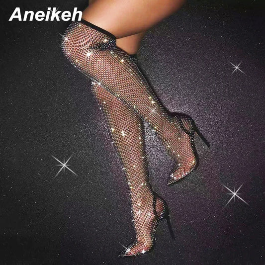 Aneikeh Sexy Bling Rhinestone Mesh Shoes Over The Knee Boots Women Pointed Toe Sandals Nightclub High Heels Botas Femininas 2024