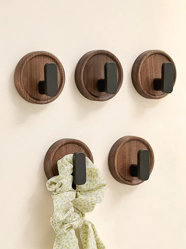 Walnut Wood Coat Rack Hooks  Black Wall Hangers for Hanging Keys, Clothes, Bathroom Robe and Towels  and Entryway， No Drilling