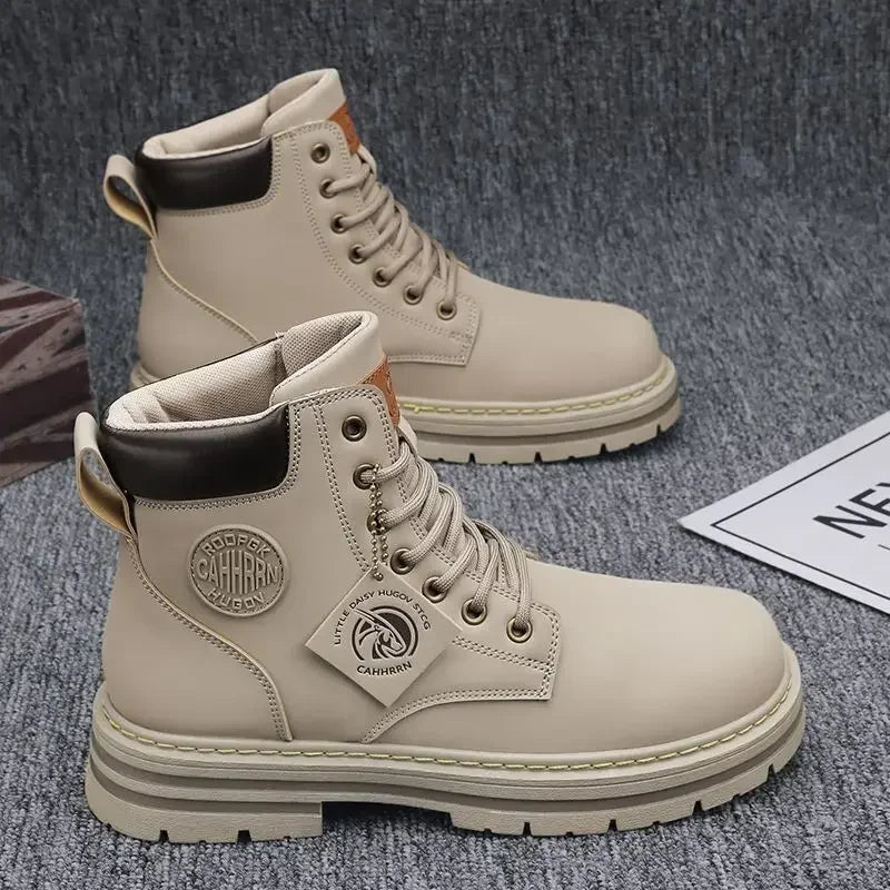 Retro Casual High Top Boots for Men Winter Chunky Rhubarb Boots Men's Motorcycle Ankle Boots Lace-Up Work Footwear Botas Hombre