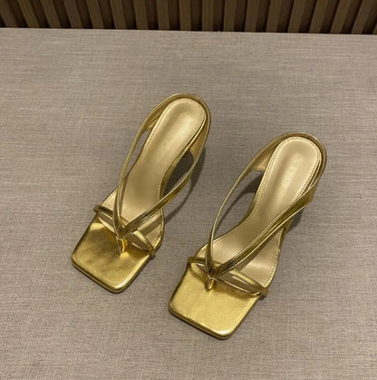 2024 Women's Heel Flip Flops Gold Silver High Heels White Sandals Women Mules Slippers Ladies Summer Shoes Calzado Mujer