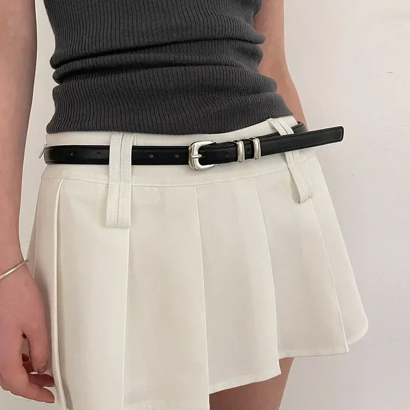 Woman's Fashionable Belts Black Simple Thin PU Belts Trousers Skirt Versatile Belts Student's Casual Belt