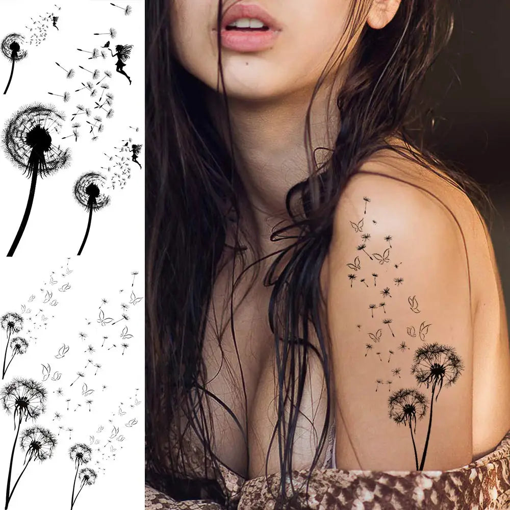 13 Sheets Dandelion Temporary Tattoos For Women Realistic Flying Birds Butterfly Fake Tattoo Flower For Girls Decor Tatoos Paper