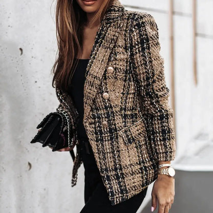 Women Blazer Plaid Print Lapel Long Sleeves Double-breasted Thick Warm Cardigan Formal Business Winter Coat Female Clothes