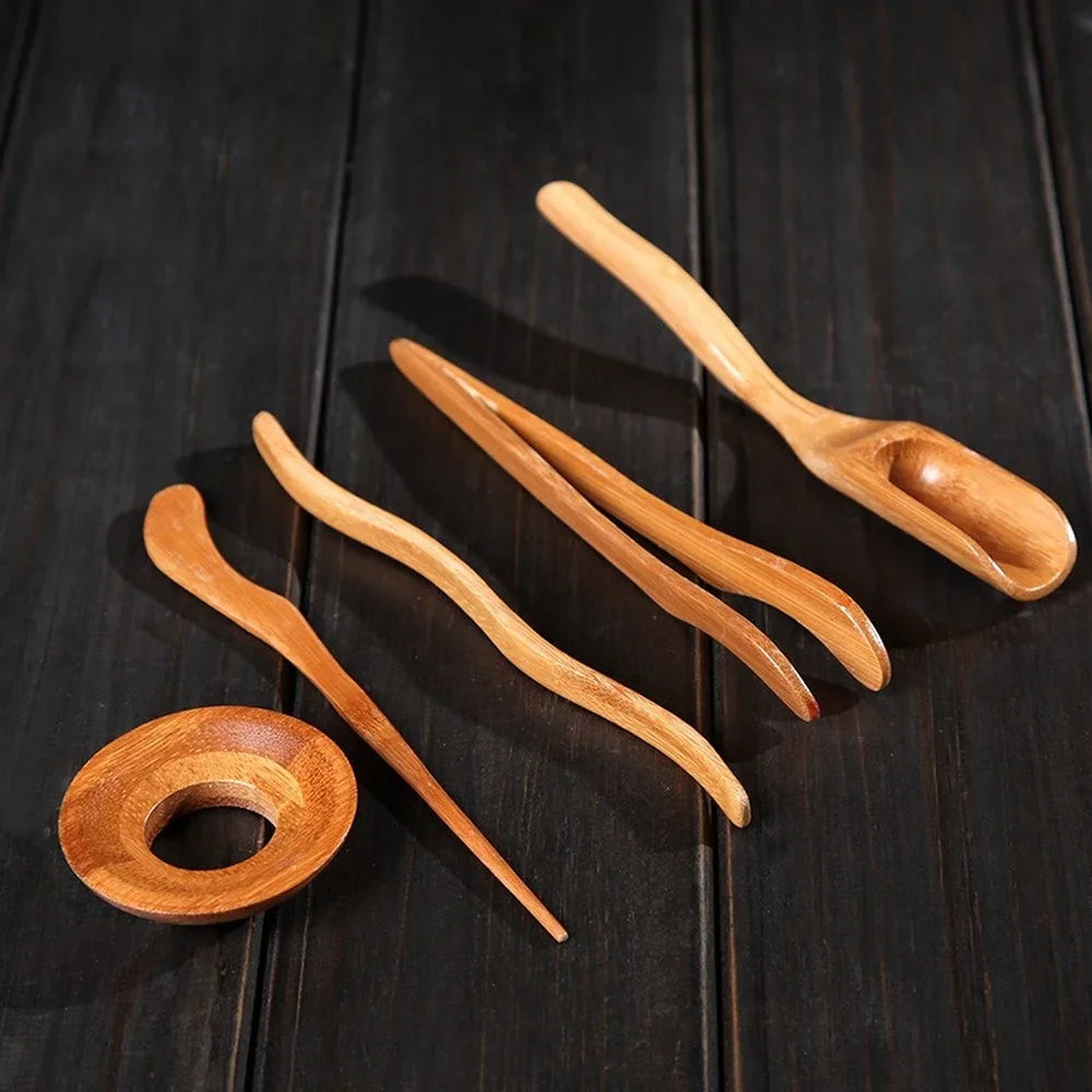 5PCS Chinese Tea Ceremony KungFu Teaware Kit Wood Teaspoon Needle Tweezer Clip Brush Teacup Holder Set Supplies Tea Making Tools