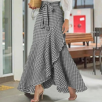 Spring Autumn Women Long Skirt High Waist Lace-up Ruffle Trim Plaid Print Bow Tie Irregular Hem Maxi Skirt Female 2024 New