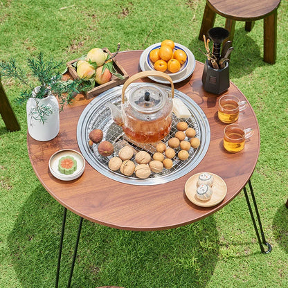 Folding Barbecue Round Table Wood Stove Portable Camping BBQ Charcoal Grill Lightweight Brazier Table Picnic Patio Tea Boiling