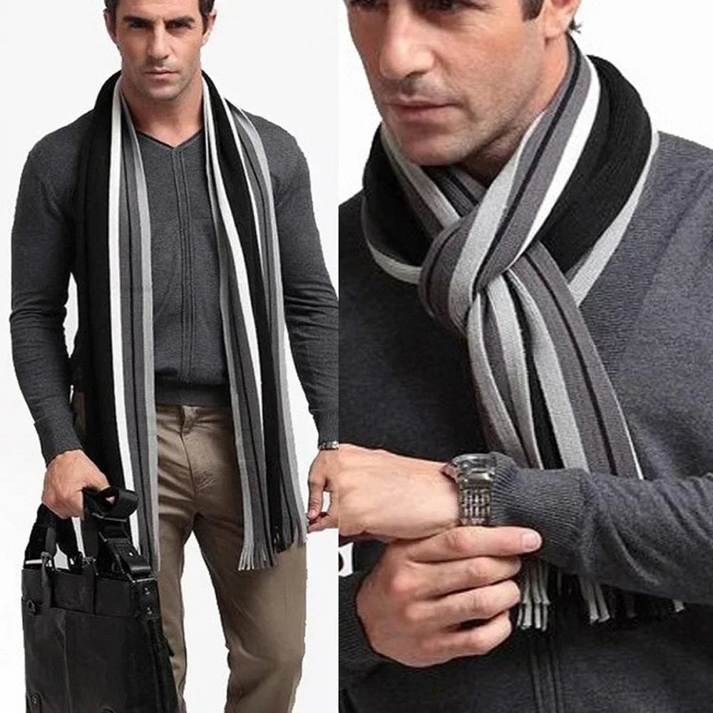 Classic Men's Scarf Winter Warm Faux Cashmere Soft Tassel Long Shawl Business Casual Striped Scarf Men's Clothing Accessories