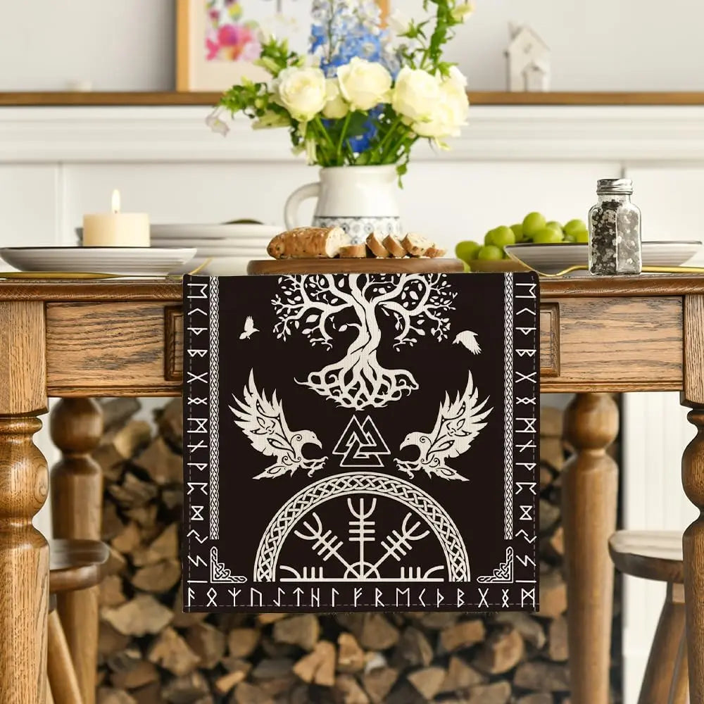 Black Viking Raven Helmet of Awe Linen Table Runner Seasonal Farmhouse Dresser Scarf Table Decor Home Kitchen Dining Table Decor