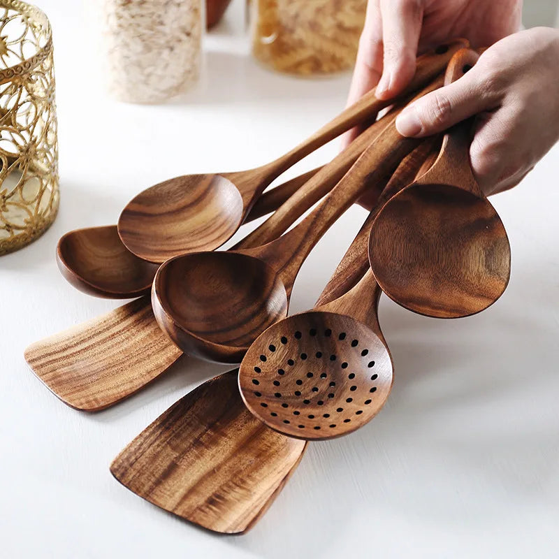 Kitchen Utensils Set Thailand Teak Wood Tableware Set Spoon Ladle Rice Colander Soup Skimmer Kitchenware Cooking Tools