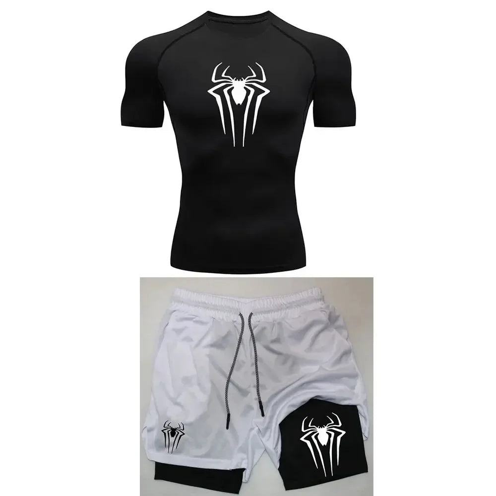 Men's Workout Compression Set Y2K Spider Printed Gym Tshirts Breathable Running Shorts Quick Dry Sports Rash Guard Sportwear Set