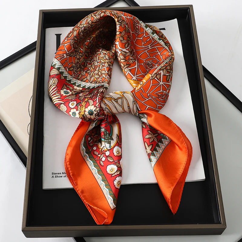 Luxury Brand 2023 Silk Square Scarf Women Cat Neck Hair Tie Band Beach Hijab Kerchief Head Headbands Bandana Female Foulard 70cm