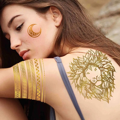 9 hojas de tatuajes temporales metálicos con diseño de león dorado, sol, luna, estrella, mariposa, brillantina, tatuajes falsos