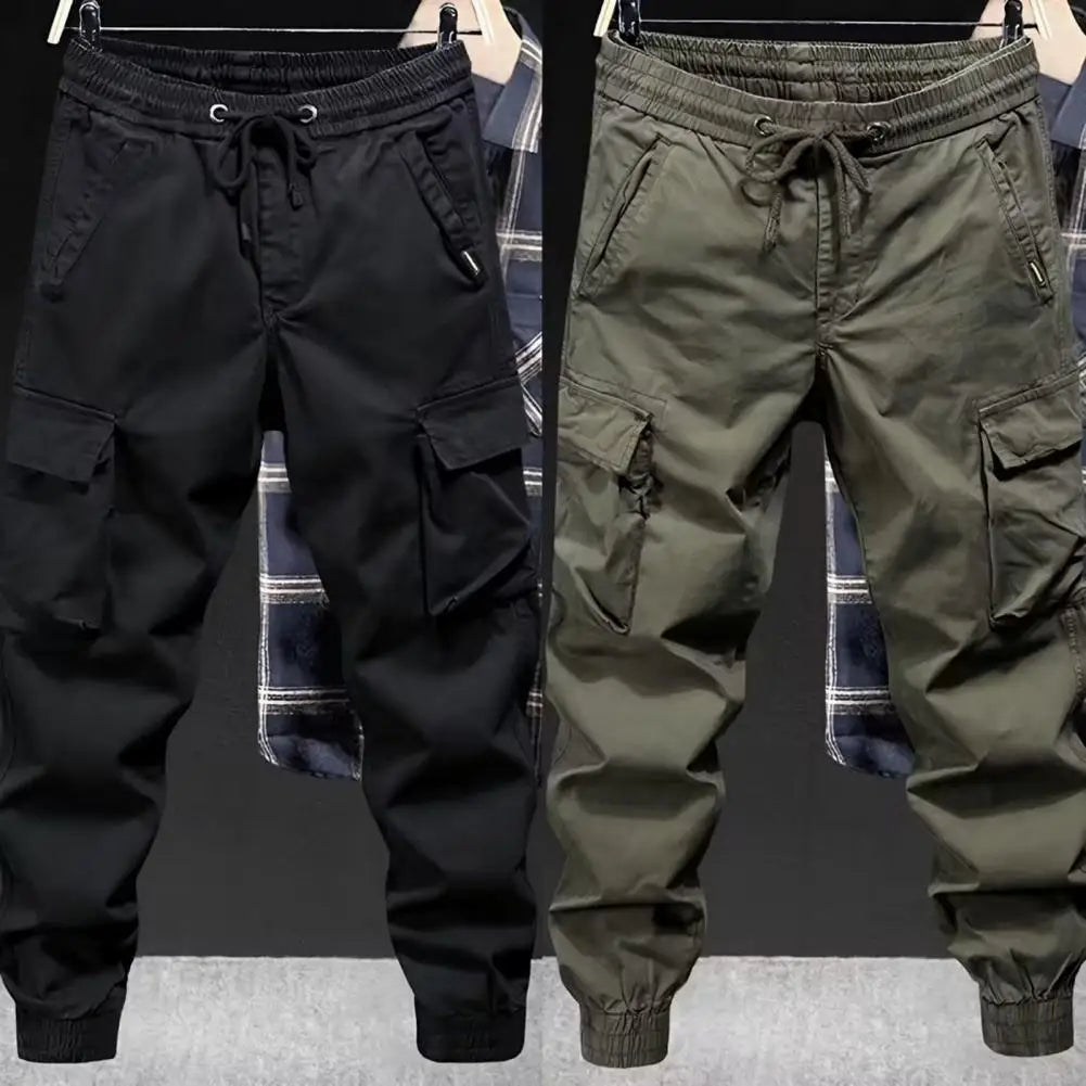 Loose Pants Men's Drawstring Cargo Pants with Elastic Waist Multi Pockets Soft Breathable Streetwear Trousers for Daily Sports