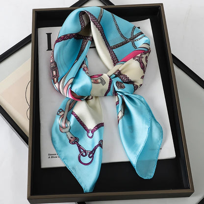 Luxury Brand 2023 Silk Square Scarf Women Cat Neck Hair Tie Band Beach Hijab Kerchief Head Headbands Bandana Female Foulard 70cm