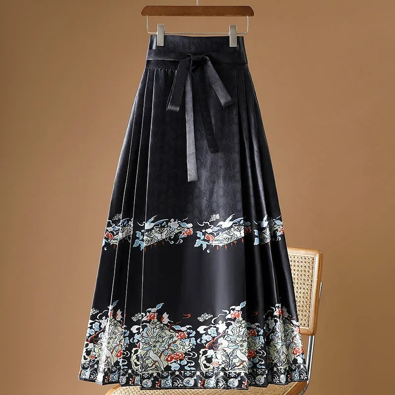 Maxi Chinese Style Horse Face Skirts Women Hanfu Vintage Harajuku Saia Casual Long Print Pleated Skirt Woman Clothing Faldas